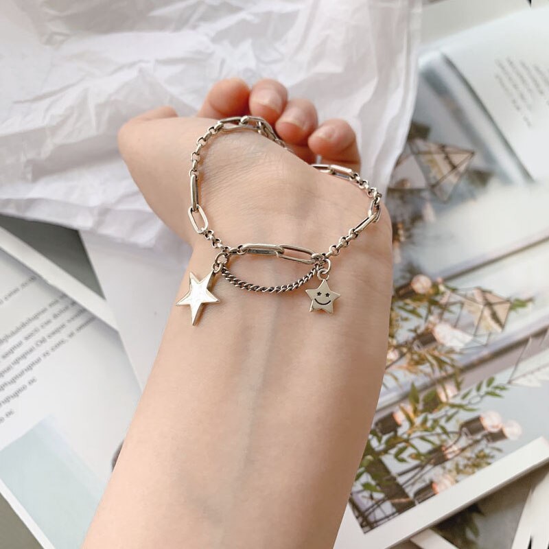 S925 stempel lachend gezicht ster thaise zilveren kleur armband kwastje ketting armband voor vrouwen sieraden s -b381