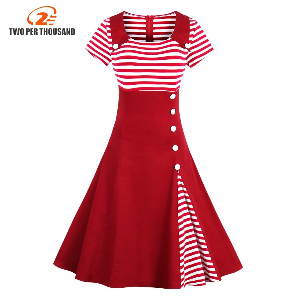 3xl 4xl plus size kvinder pin up rød hvid stribet patchwork kjole retro korte ærmer botton dekoreret 1950s vintage kjole