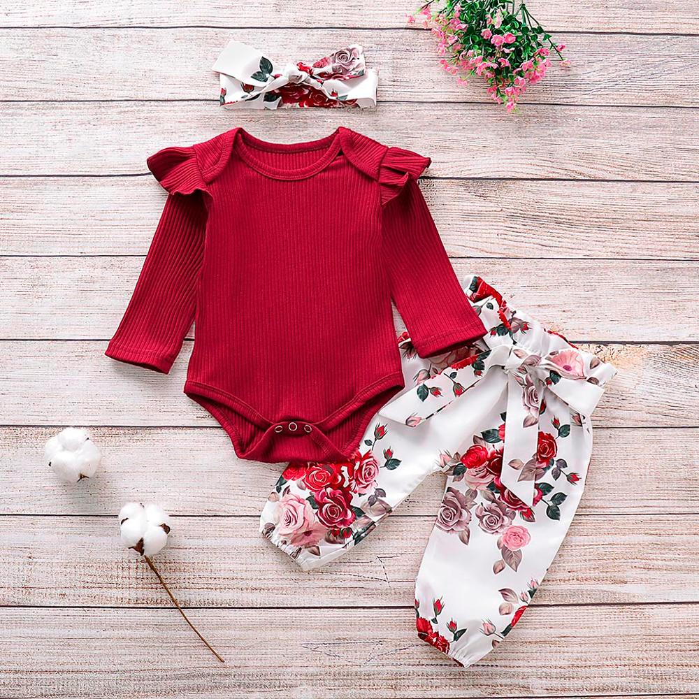 otoño invierno Bebé niñas volantes sólido mameluco mono + Pantalones florales + diadema trajes vestidos 30: RD / 6 meses