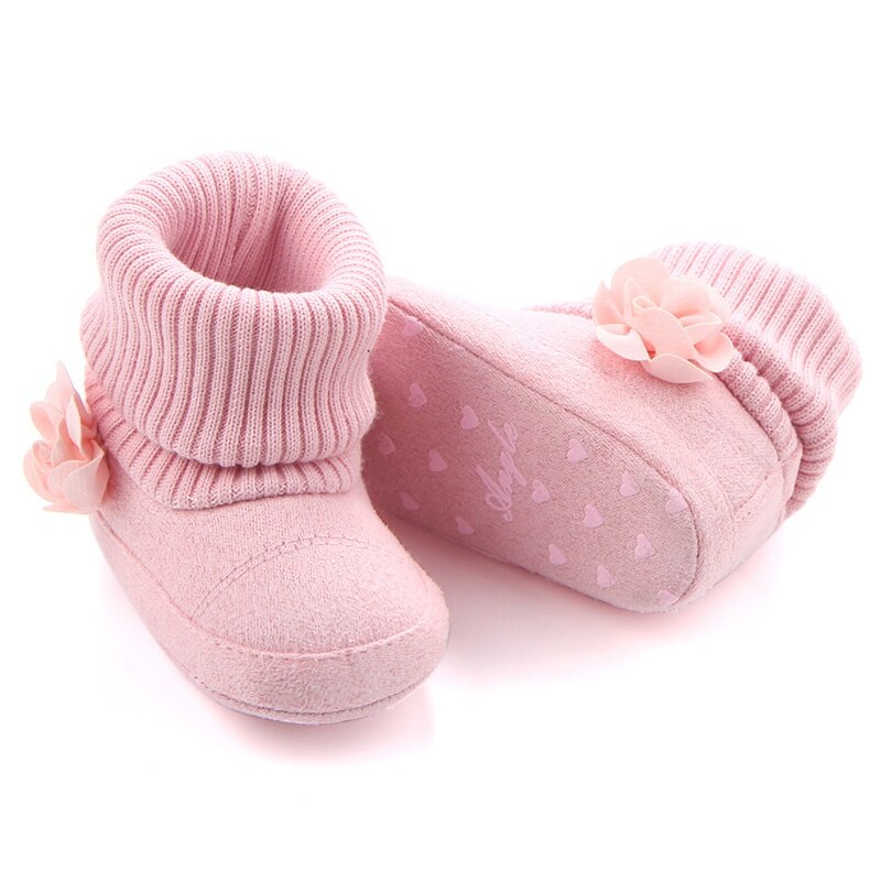Vinter super varm støvle med lyserøde blomster baby ankel sne støvler spædbarn hæklet strik fleece baby sko til drenge piger: S / 3