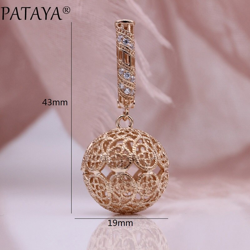 PATAYA Neue Große Muster Hohl Lange Ohrringe 585 Rose Gold Frauen Schmuck Weiß Natürliche Zirkon Geschnitzte Einzigartige Ohrringe
