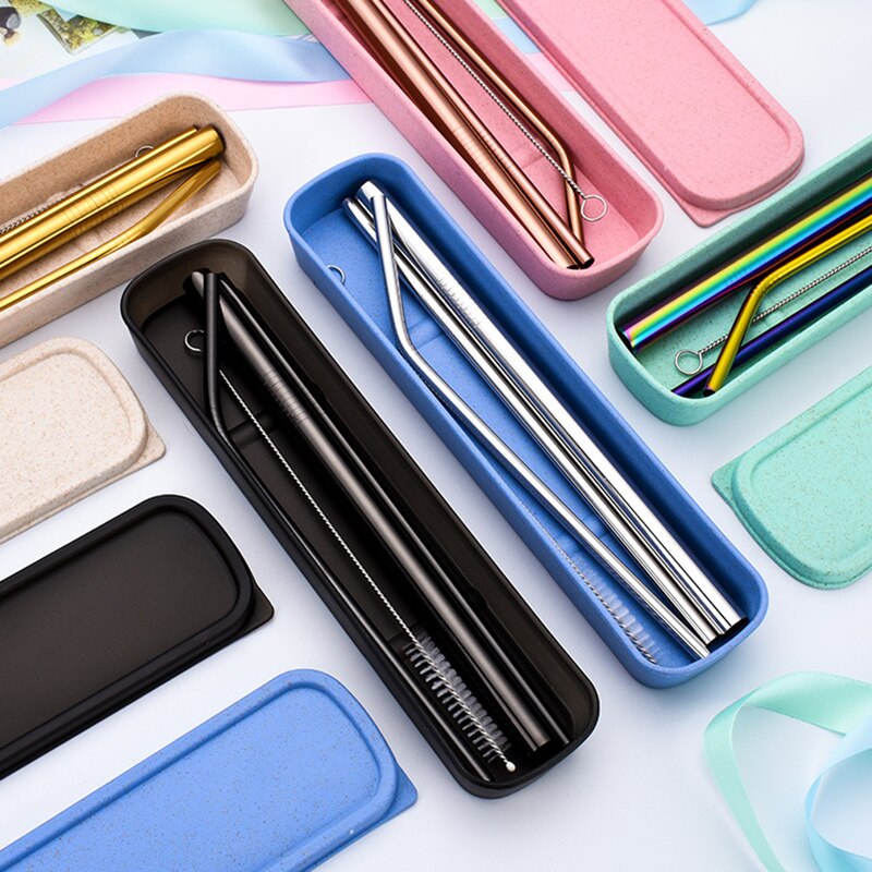 Pajitas de bebida de Metal reutilizables 304 Acero inoxidable robusto doblado recto bebidas paja con cepillo de limpieza Bar accesorio de