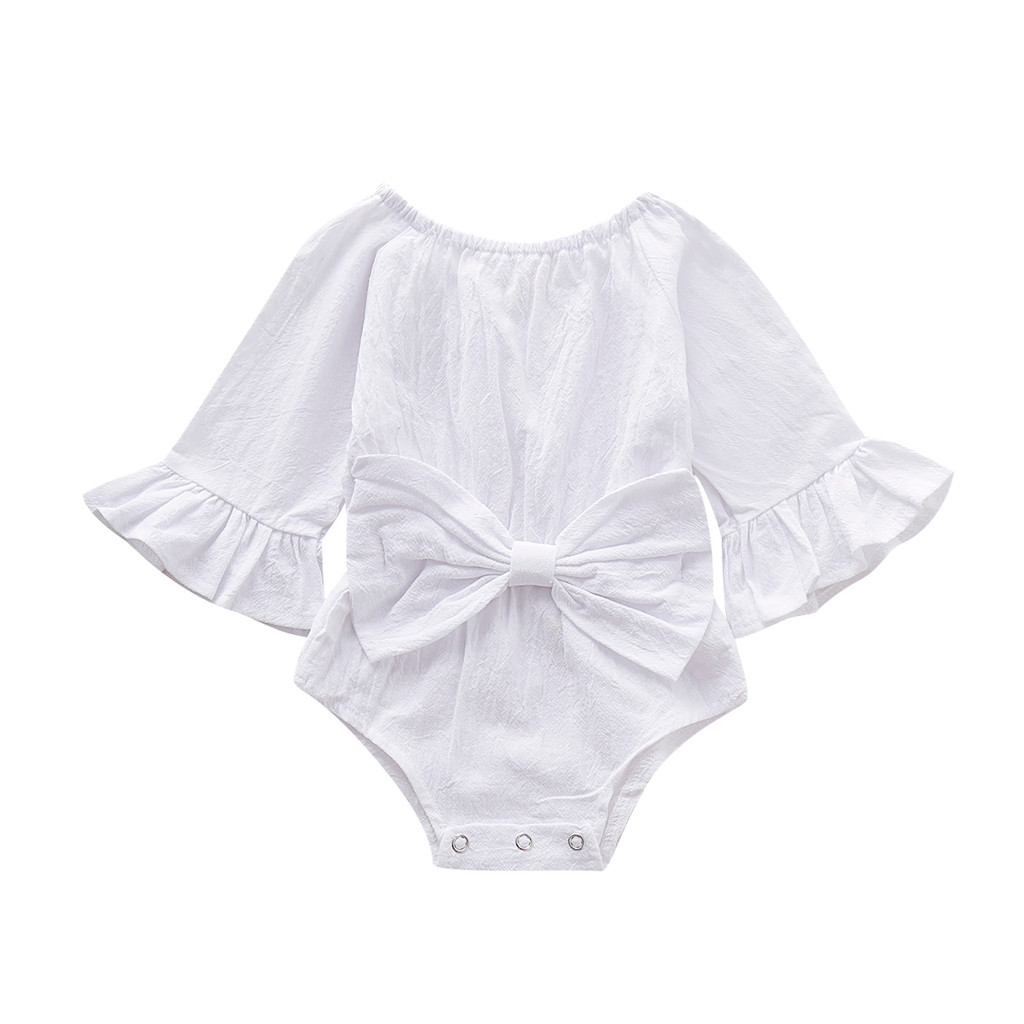 Sommerkleidung für babys, neugeborene, säuglinge, mädchen, bodys mit schleife, ausgestellte langarm-jumpsuits, Outfits mit schleife, spielanzüge.: Weiß / 6-12 monate