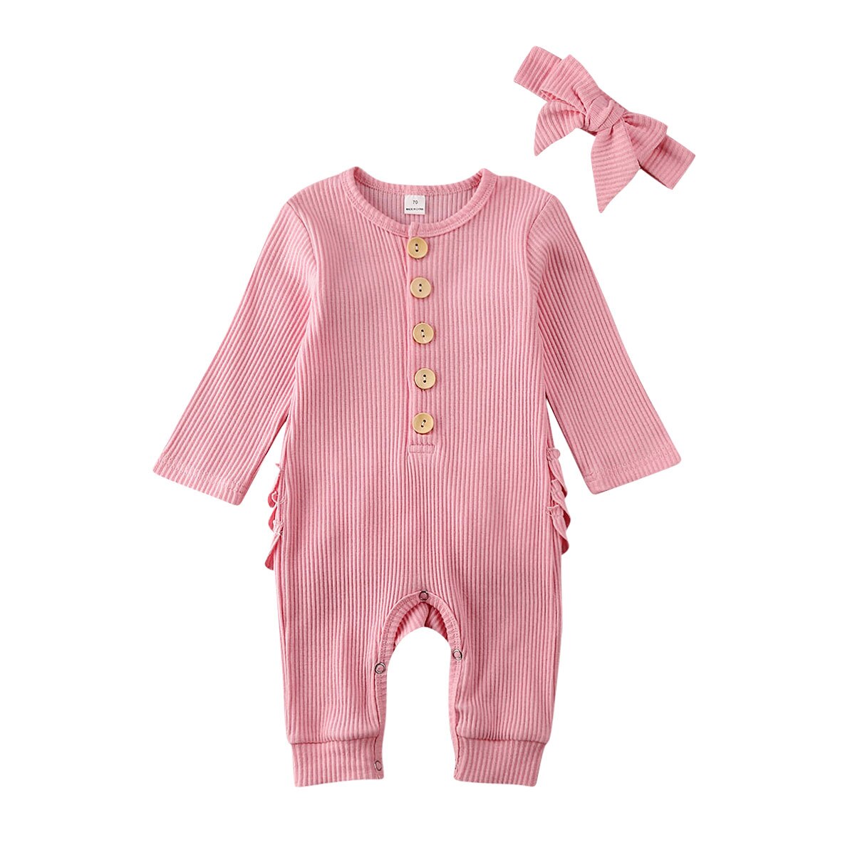 Newborn Baby Boy Girl Rompers Headband 2pcs Outfit Knitted Solid Kong Sleeve Ruffle Romper Jumpsuit Clothes: Pink / 12M