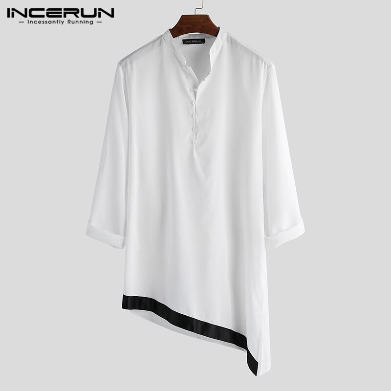 Incerun islamitische kleding heren onregelmatig overhemd staande kraag lange mouw indiase kleding patchwork vintage lange shirts heren s -5xl: Wit overhemd / 4xl
