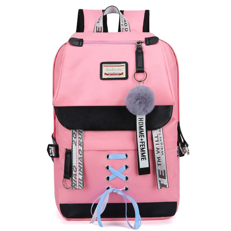 Canvas Usb School Bags for Girls Teenagers Backpack Women Bookbags Black Large Capacity Middle High College Teen Schoolbag: Pink