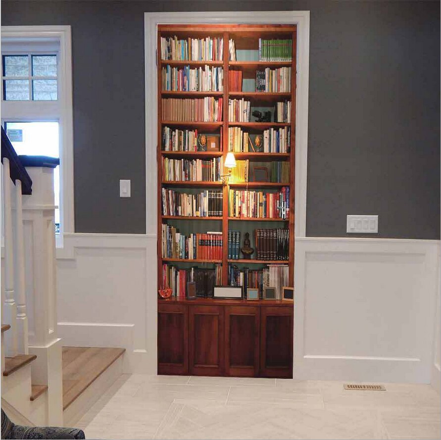 Retro Old Wooden Bookshelf Books Stair Door Wallpaper Self-adhesive Waterproof Posters Wall Sticker Mural Decals Home Decor