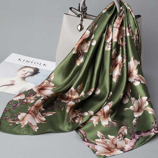90*90cm silke sateng halsskjerf til kvinner med blomstertrykk tørkle firkantede sjal og omslag butikk hijabskjerf til dame hårskjerf: 1714