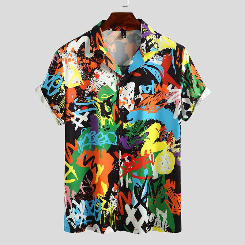 Incerun sommer skjorter med print til mænd kortærmede løs reversskjorte afslappet åndbar camisa mænd hawaiianske skjorter s -3xl: Sort / S