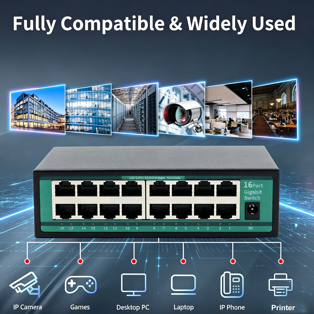 Switch Ethernet Gigabit a 16 Porte 10/100/1000 Mbps Hub RJ45 per Rete Domestica e Ufficio