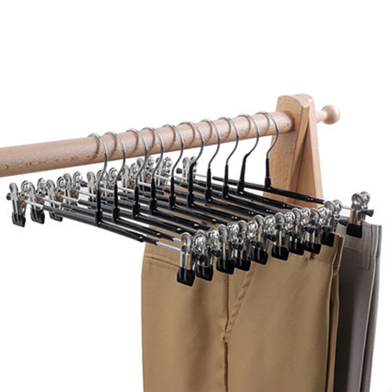 10x Bottom Hangers Heavy Duty Clothes Coat Trousers Pants Hanging Drying Rack for Slacks Jeans with 2-Adjustable Anti-Rust Clips: 03 (black)