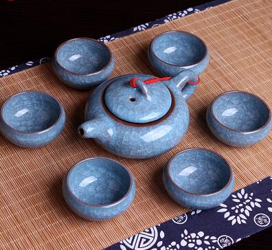 Chinese Kungfu Tea Sets Ice break Porcelain Tea Pot Tea Cups (7pcs) Tea Service Set: Light Blue