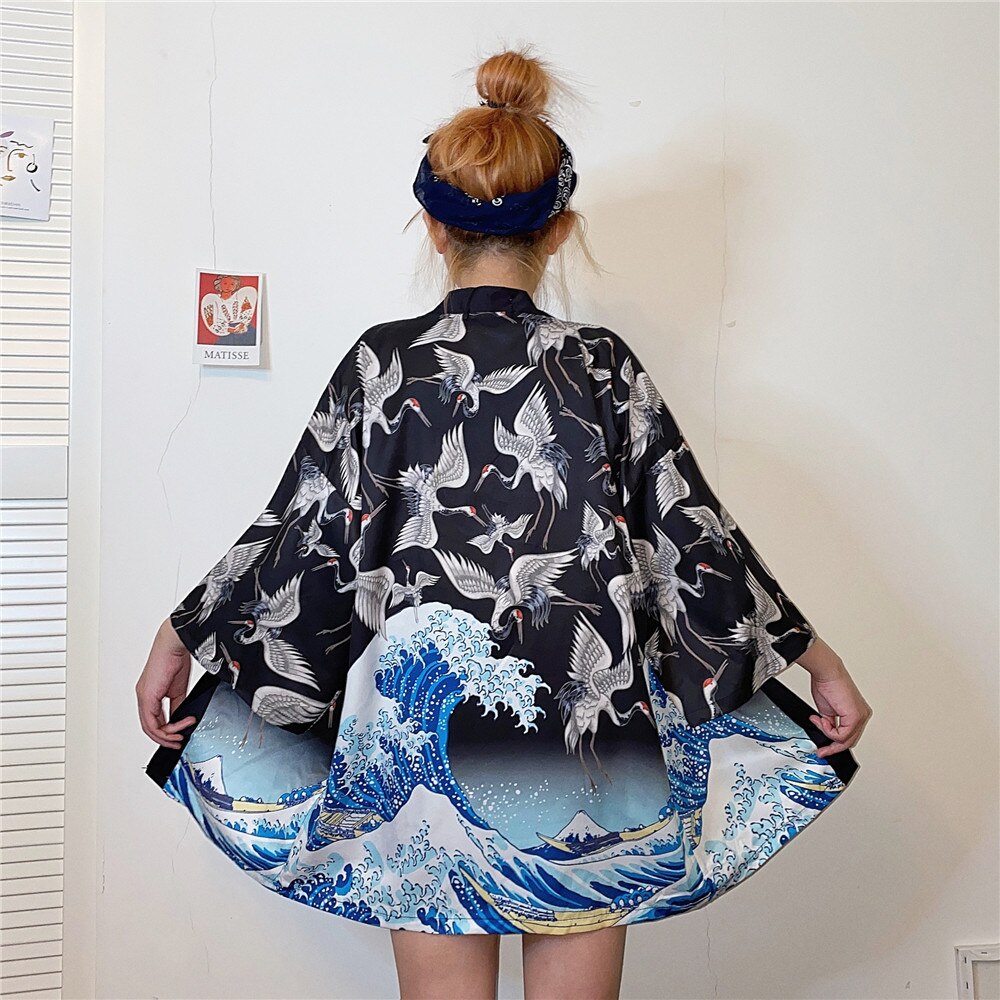 Japanese Yukata Kimono Summer Top Japan Printed Crane Haori Kimono Japones Harajuku Kimono Boho Yukata Women: style 11