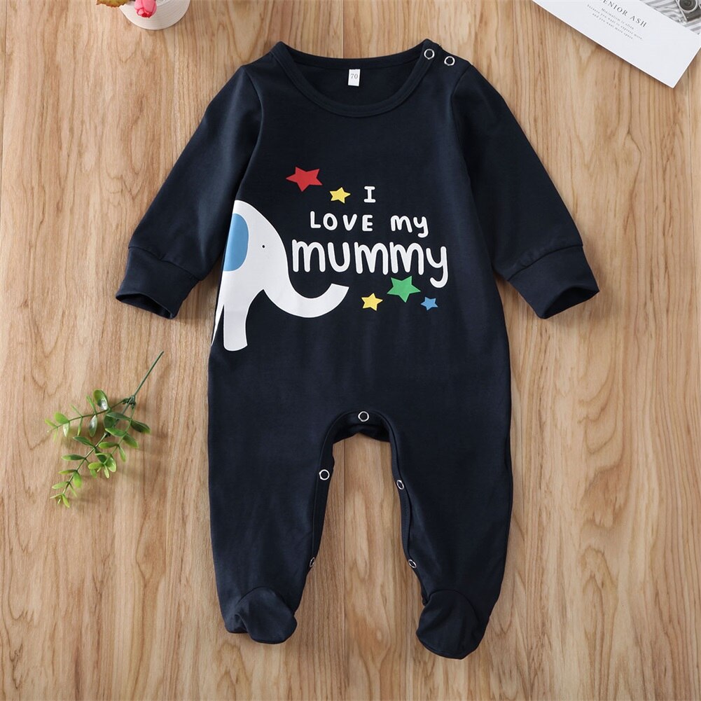 Nyfødte spædbarn baby dreng pige klud kid strikfodtøj brev langærmet stribet sødt dyr elefant outfit tøj: Marine blå / Nyfødt