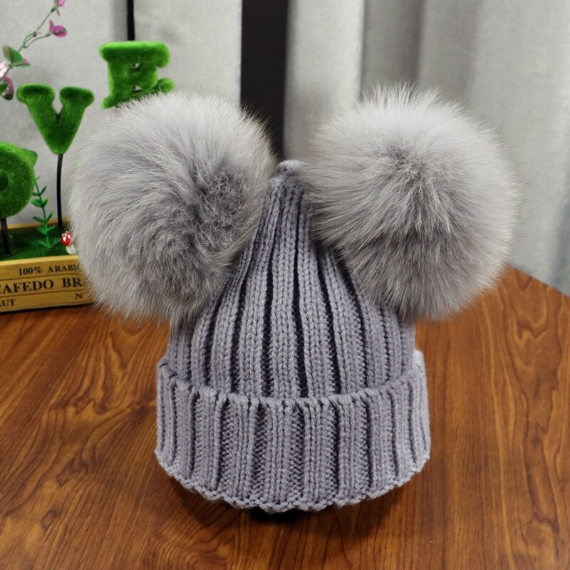 Gorro de dos pompones peludos de invierno para niños, gorro bonito tejido para niñas y niños, gorro cálido de punto para Gorros de bebé, gorro cálido para niños: gray 1 / adult size(52-60cm)
