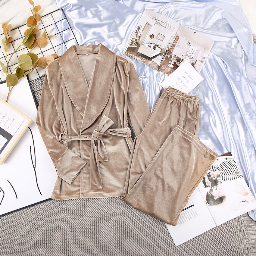 HiLoc Khaki Spring Robe Set With Sash Warm Knitted Long Sleeve Women Sleepwear Velvet Pajamas With Pants Nightwear Pajama