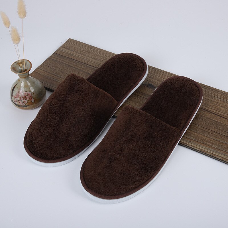 Disposable Slippers Hotel Open Toe Slides Close Toe Non-slip Travel Indoor Guest Slippers Portable Coral fleece Shoes 10 Pairs: Dark Brown1