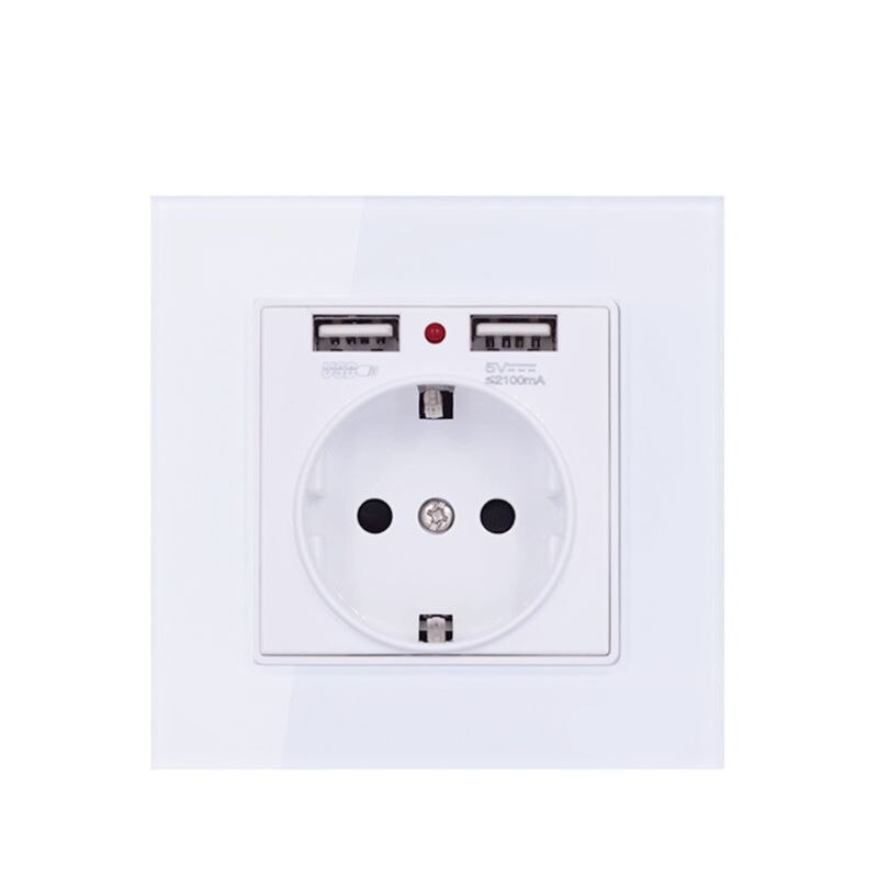 Eu Standaard Muur Elektrische Stopcontact Met Dual Usb-poorten Gehard Glas Q84D