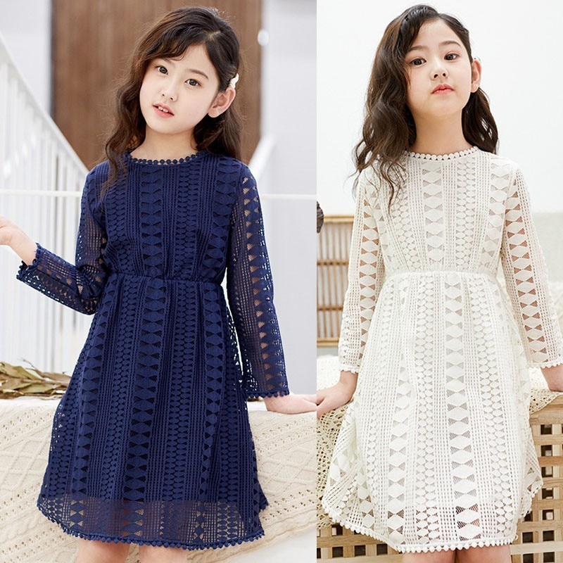 freundlicher Kleider Teenager Weiß Blau Hochzeit Party Kleid Spitze Mädchen Kleid Langarm freundlicher Kleidung Frühling Herbst 6 8 10 12 14 16