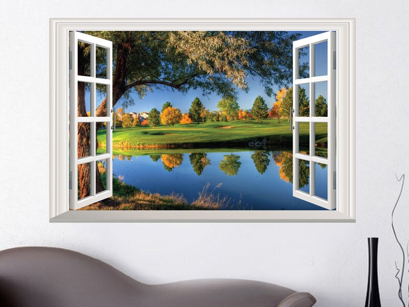 Thuis Landschap Natuur 3D Window Muursticker Lake Water Vinyl Muurtattoo Diy Kamer Decoratie Kleurrijke