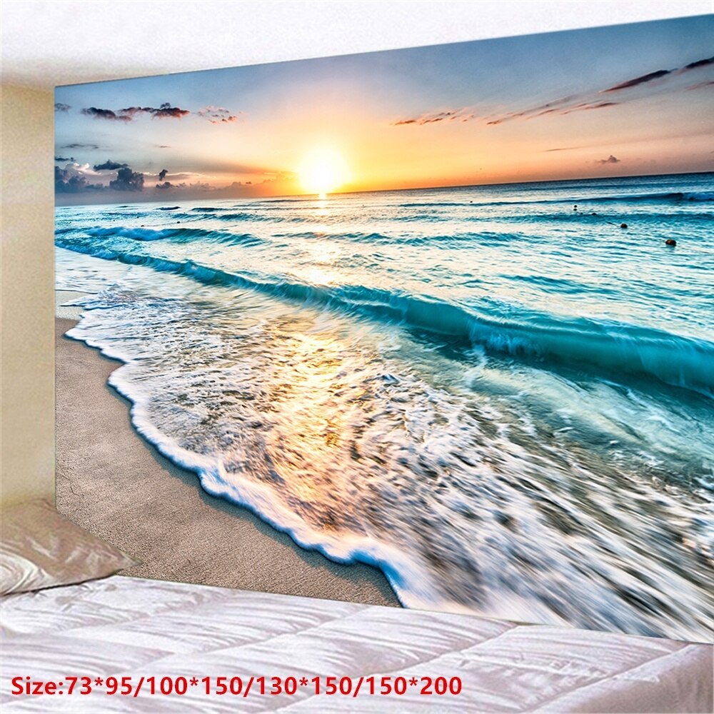 The Blue Sea Tapestry Classic Landscape Tapestry Sunset Beach Pattern Beach Ocean Wave Home Decor Tapestry Wall Decor Tapiz