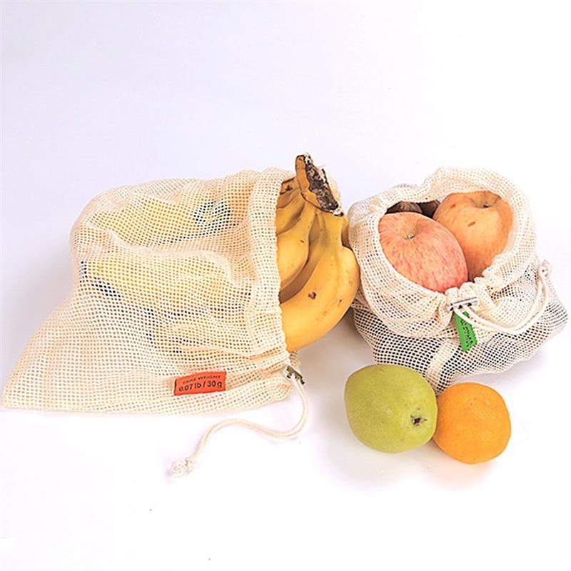9 stk bomuldsnet grøntsager opbevaringspose til køkken miljøvenlige genanvendelige grøntsags- og frugt økologiske poser med løbebånd