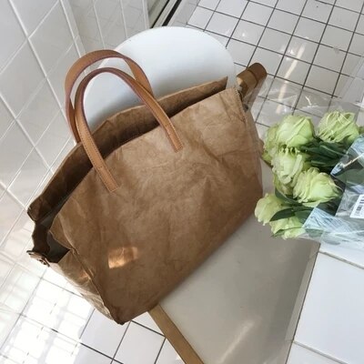 Houten dames transparant kraftpapier vintage schoudertassen brief effen casual tote handtassen pu leer reis boodschappentas: Bruin