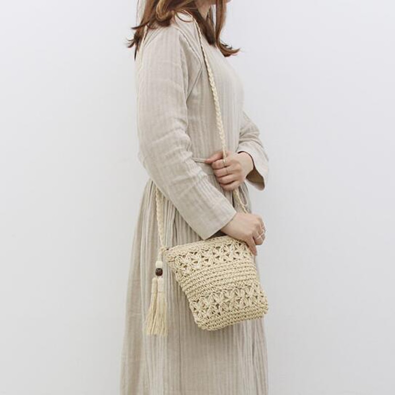 Femme été tissé creux paille croix corps sacs fermeture éclair crochet fleur sac de messager gland paille sac à bandoulière marron beige 2 couleur