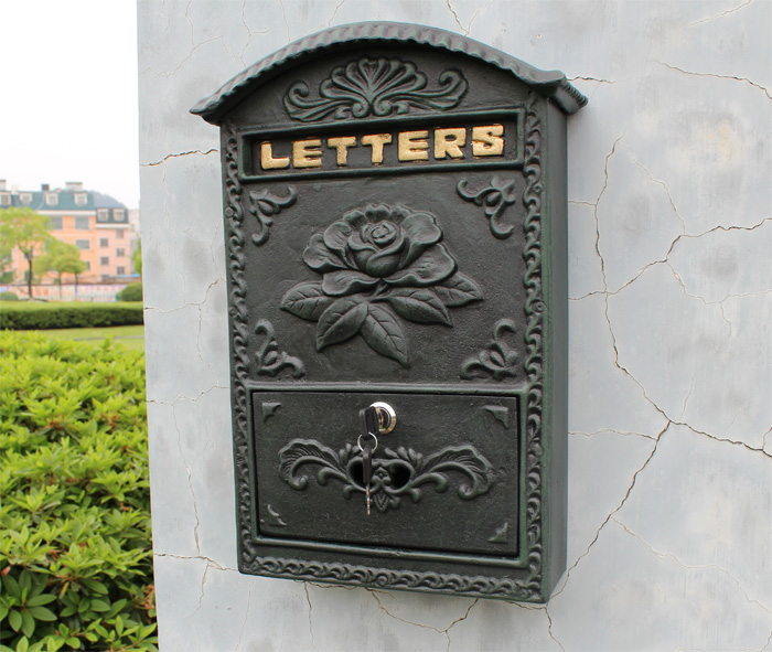 Locking Wall Mounted Mailbox - Bronze Vintage Aluminum with Rose Residential Secure Locking Mail Letter Box