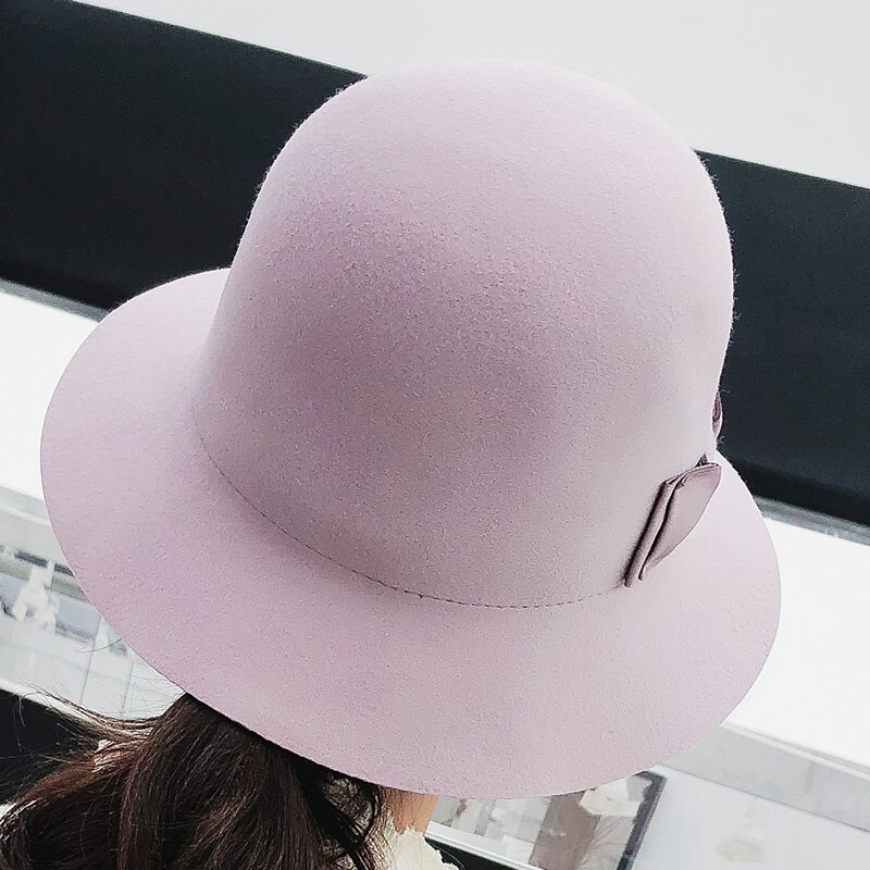 Kvinde hatte uld fedora hat britisk sløjfe uld filt kirke hatte dame bowler kasket til vinter efterår