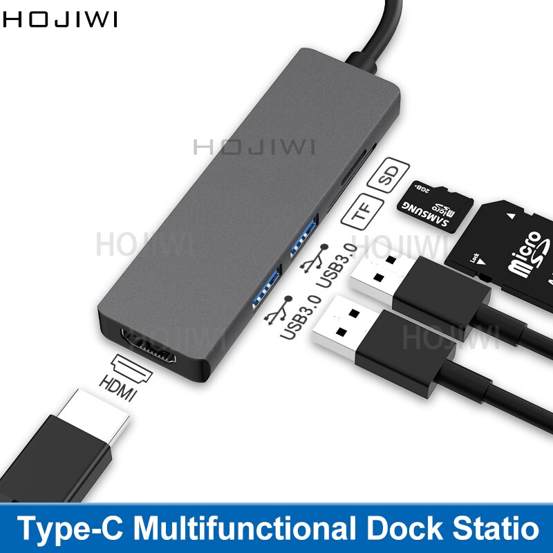 Hojiwi usb c multi hub c adaptador hdmi 5 em 1 usb c para usb 3.0 doca para macbook pro tipo c divisor docking station laptops aa11