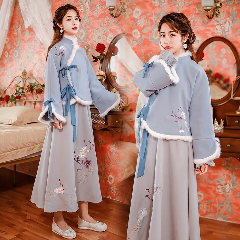 Lady Chinese Style Hanfu Sets Women Qipao Dresses Traditional Oriental Clothing Retro Warm Cheongsam Tang Suit
