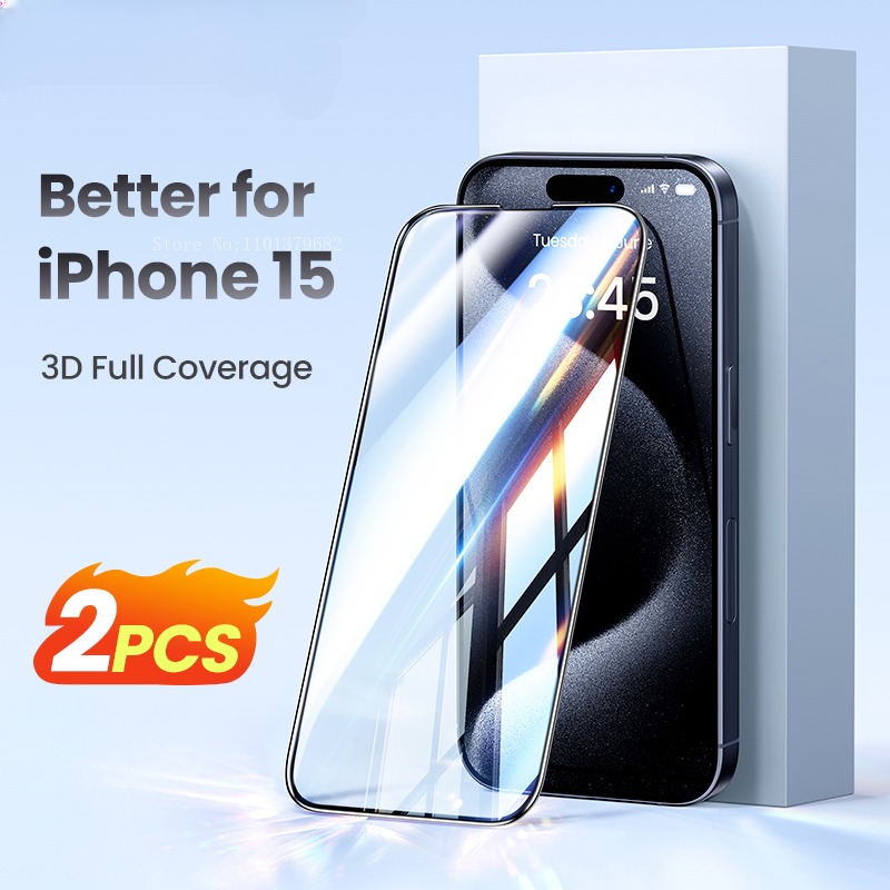 Protector de pantalla de vidrio templado para iPhone, película 9D para iPhone 15, 14, 13, 12, 11 Pro Max, 14 Plus, 11, XR, 2 unidades