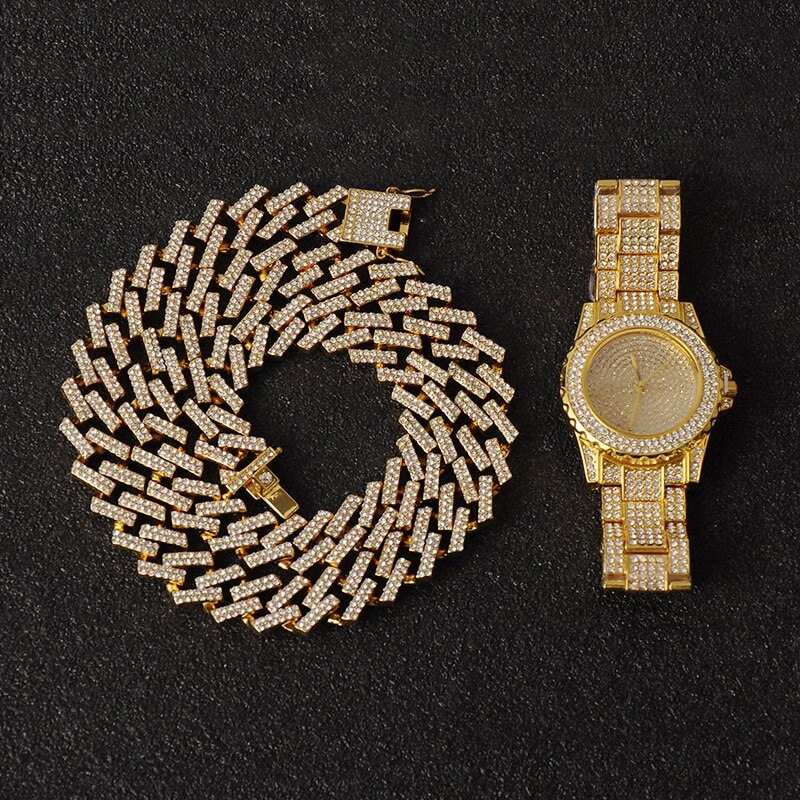 Hüfte hüpfen Halskette + Uhr + Armbinde Bling vereist aus Miami Zirkon Kubanischen Zinke Gepflasterte Strass Armbinde Halskette Für Männer schmuck: Gold Uhr Kette
