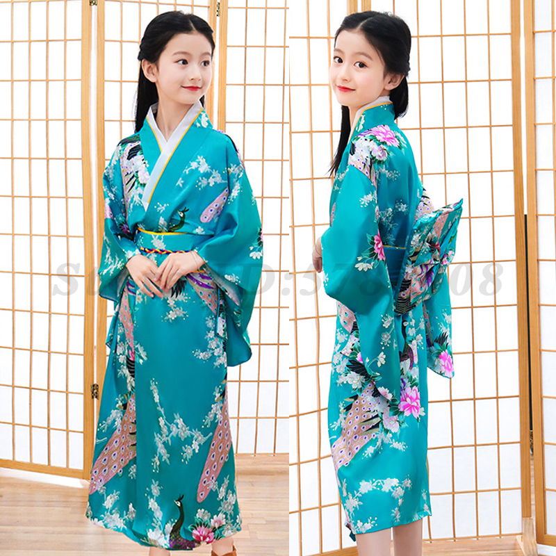 Mädchen Kind Japan Kimono Kleid Traditioneller Haori Yukata Bademantel Satin Luxus Orientalischer Bademantel mit Obi Kinder Cosplay Kleid