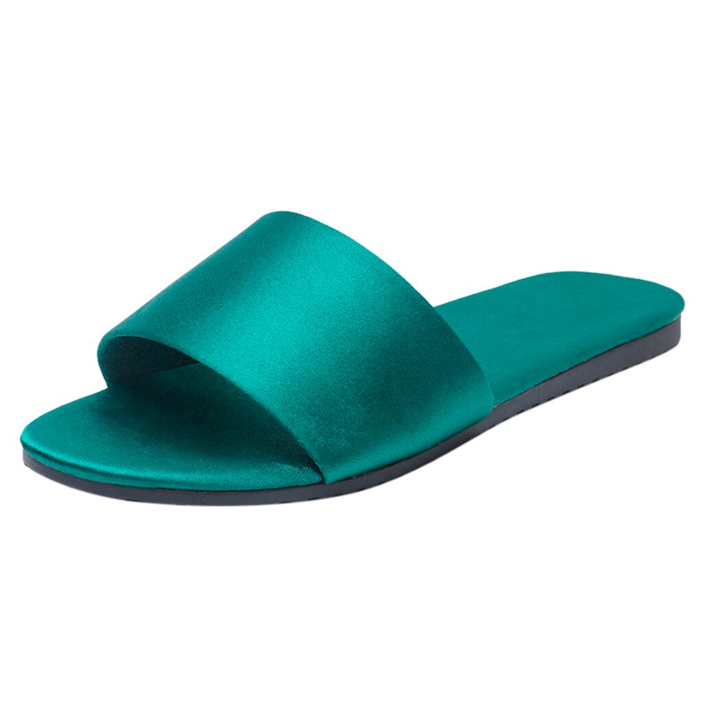Zapatillas de Satin de seda para mujer, zapatillas sólidas para el baño en casa, zapatos antideslizantes al aire libre, de verano, zapatillas planas para mujer: Green / 38