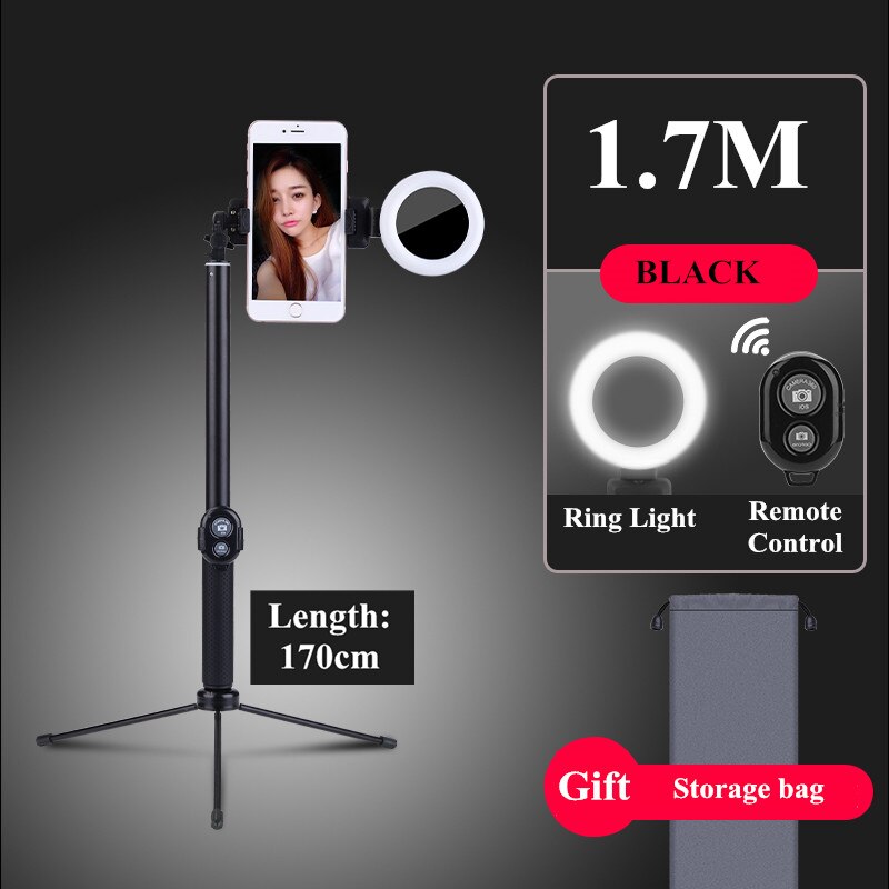 Bluetooth 1.7m selfie stick tripod med led ring fyld lys telefonstativ monopod 360 rotation til smart telefon mobilfoto: Kontrol af sort lys