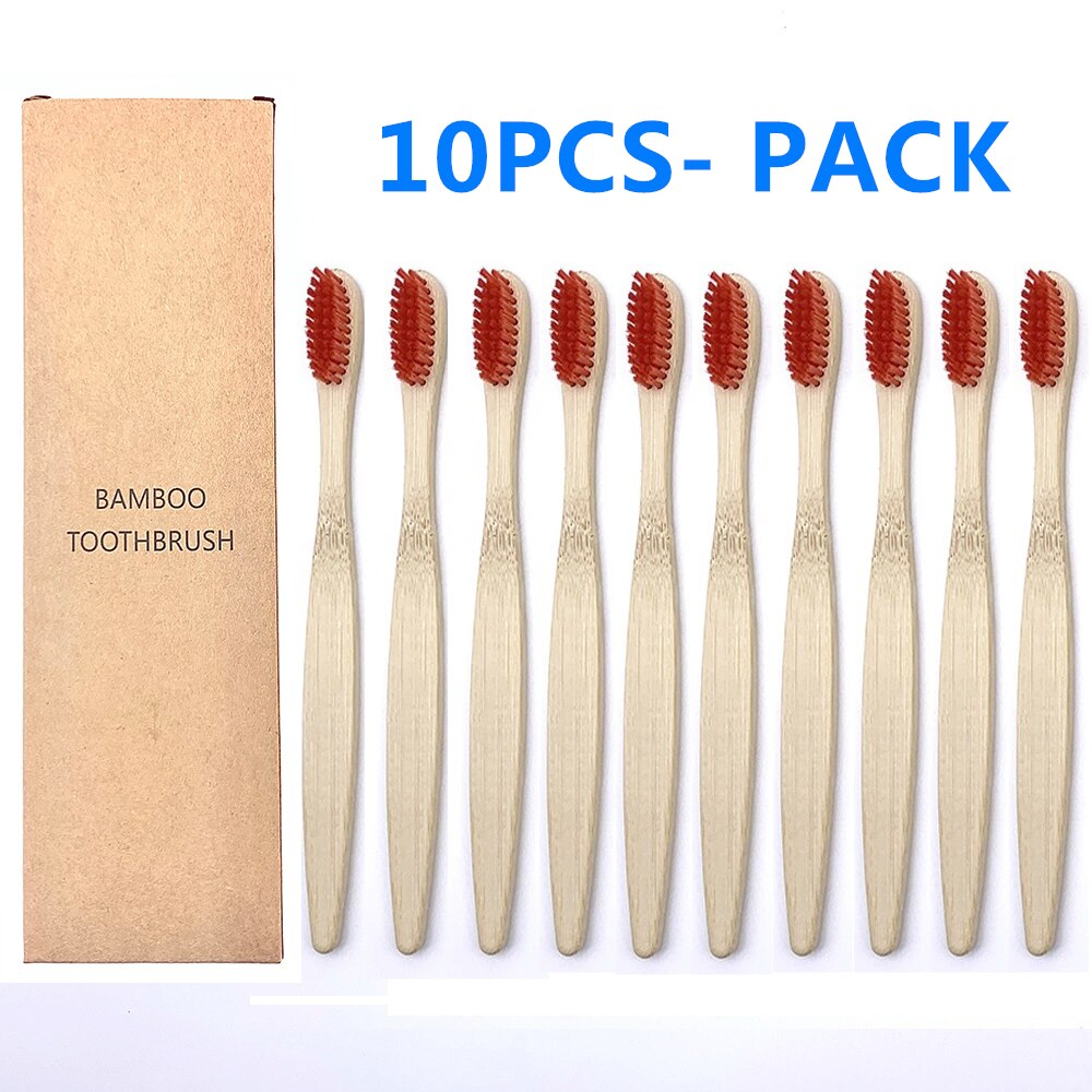 10pcs Eco-Friendly Plastic-Free Bamboo Toothbrush Soft Bristle Natural Healthy Dental Oral Care Hygiene Toothbrushes: 10PCS Red Color