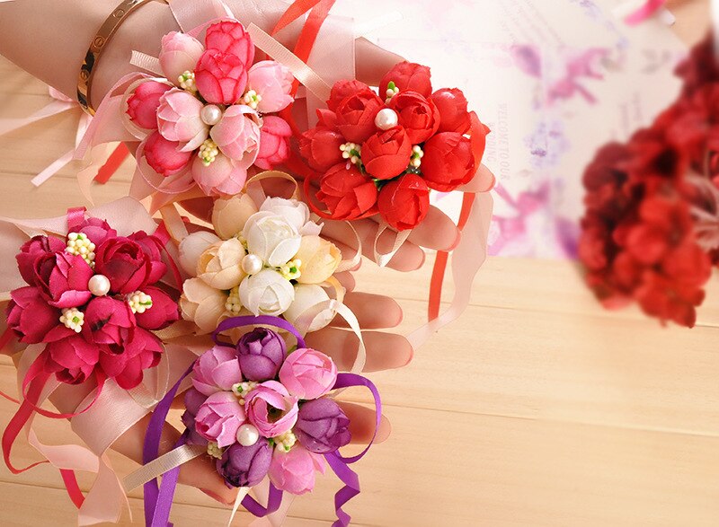 1pc Wrist Flower Rose Silk Ribbon Bride Corsage Hand Decorative Wristband Bracelet Bridesmaid Curtain Band Clip Bouquet