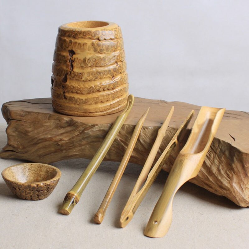 Naturlig bambus rod te ceremoni 6 herrer chahe te scoop skovl nåle trækker klip te siler dåseholder pen te sæt