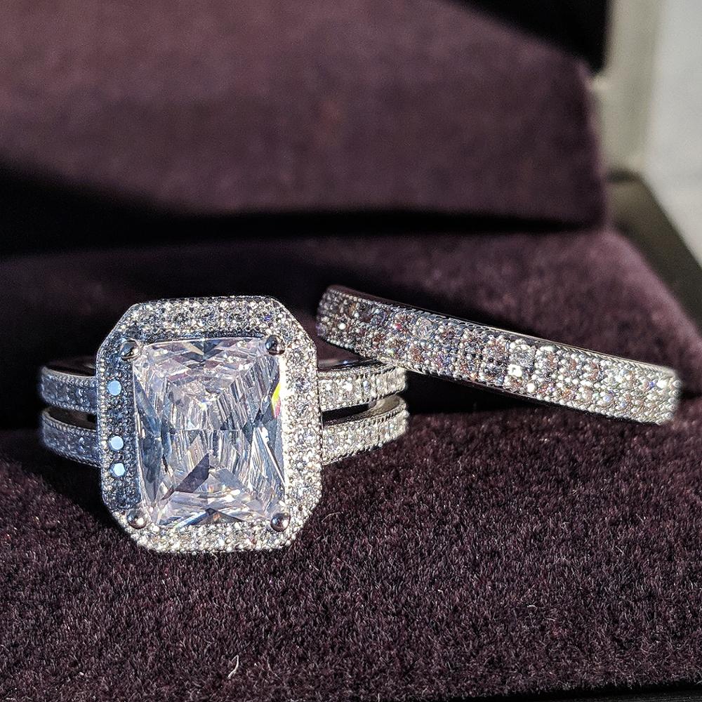 Venda quente de luxo princesa 925 prata esterlina anel de casamento conjunto para mulher senhora presente aniversário jóias por atacado moonso r5116