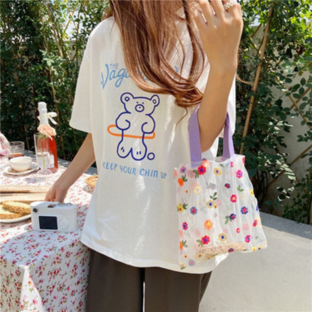 Femme fleur broderie sac à main Organza décontracté fourre-tout maille sacs à provisions femme sacs à main dame voyage Shopper sac petit: Multicolor
