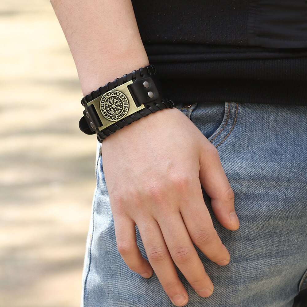 Nordic Viking Lichtmetalen Charm Armband Mannelijke Brede Leren Weave Verstelbare Armband Manchet Armband Mannen Punk Sieraden