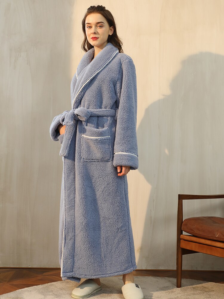 Bata larga y cálida de lana para hombre y mujer, albornoz grueso y suave, bata de baño cálida para invierno: Grey-Blue / XL