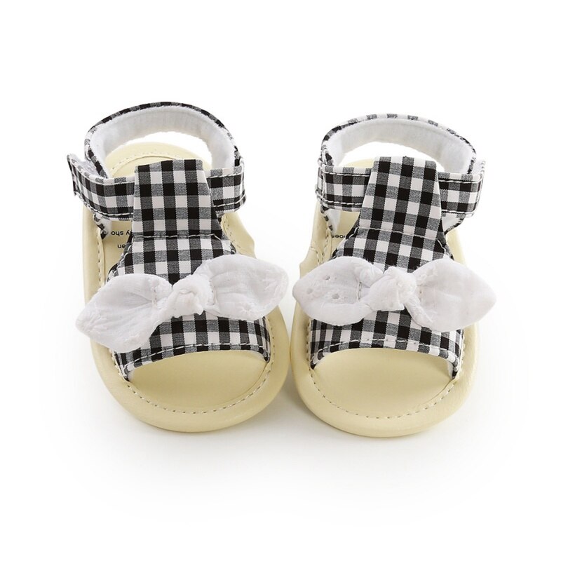 Sommar baby barn flickor rosett pläd andas halkskydd skor sandaler småbarn mjuksulor strandskor 0-18m: B / 0-6 månader