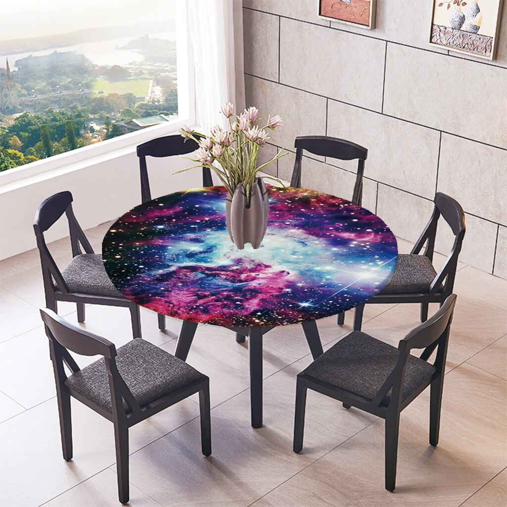 Elastic Edged Waterproof Backed Fitted Table Cover Tablecloths Kitchen Decor, Fits 47 inch Round Tables: Starry Sky B 1.5m