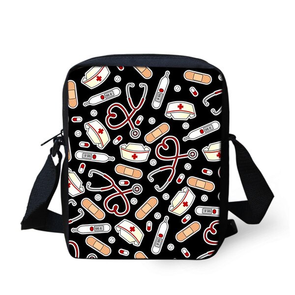 Thikin tryckt tecknad sjuksköterska axelväska för barn pojkar mini fyrkantiga budväskor barn resor crossbody versipacks: Svart