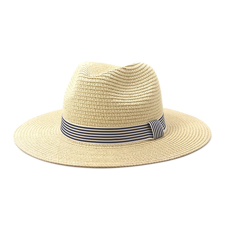 Straw Hat Women Summer Sun Beach Panama Wide Brim Ribbon UV Protection Outdoor Accessory: Beige