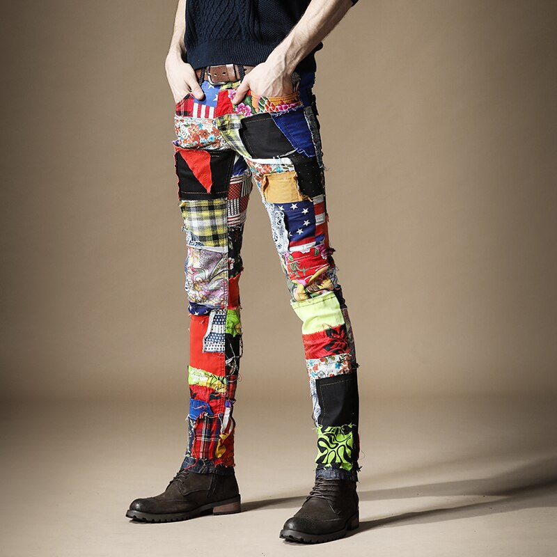 Heren patchwork jeans kleurrijke rechte broek slim fit hiphop streetwear individuele denim broek