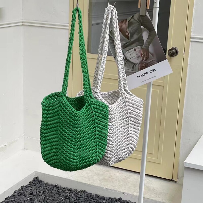 2022 Katoenen Draad Gebreide Vrouwen Handtassen Dames Netto Hollow Out Tote Vrouwen Geweven Schoudertas Strandtas Sets hele